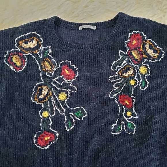 VGUC Zara Knit Floral Sequin Embroidered 3/4 Sleeves Top Sweater Size L - Picture 4 of 13